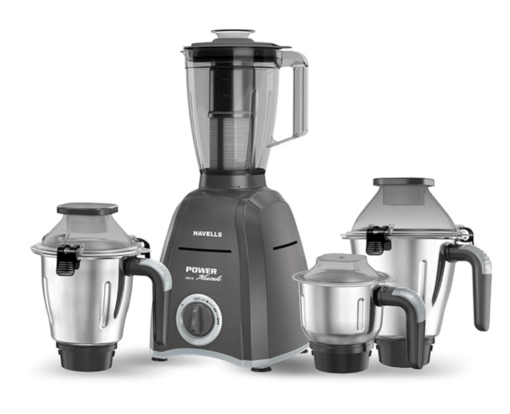 Havells Power Hunk (4 Jar) 800 watt Mixer Grinder with 3 Wider mouth Stainless Steel Jar, Hands Free operation, SS-304 Grade Blade & 7 year motor warranty (Grey)